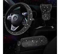 Steering Wheel Cover Set with Sparkling Rhinestones, Gear Shift Knob, and Armrest Pad Offering Enhanced Grip and Interior Appeal (Black)