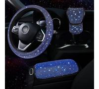 Steering Wheel Cover Set with Sparkling Rhinestones, Gear Shift Knob, and Armrest Pad Offering Enhanced Grip and Interior Appeal (Blue)