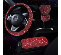 Steering Wheel Cover Set with Sparkling Rhinestones, Gear Shift Knob, and Armrest Pad Offering Enhanced Grip and Interior Appeal (Red)