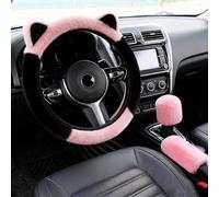 Steering Wheel Covers and Handbrake Cover and Gear Stick Cover, Fluffy Steering Wheel Cover, Winter Warm Steering Wheel Protector with Cat Ears, 37-38cm /14.5-15inch for Most Cars (Black Pink + Pink)