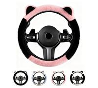 Steering Wheel Covers, Fluffy Steering Wheel Cover, Winter Warm Steering Wheel Protector with Cat Ears, 37-38cm /14.5-15inch for Most Cars (Black Pink)