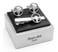 Steering Wheel Cufflinks and Tie Bar Set, Silver, Novelty Motoring Gift, Onyx Art TBC03