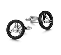 Steering Wheel Cufflinks for Men - Unique Racing Car Enthusiast & Driver Gift - Novelty Silver Tone & Black Enamel
