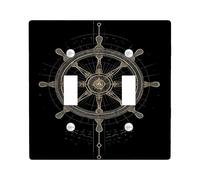 Steering Wheel Double Light Switch Cover Plate, Nautical Modern Pearl Lines Summer Black Plastic Standard Size Switch Plate Decorative for Living Room Bedroom Home Office Decor