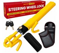 Steering Wheel Lock, Heavy Duty + 2 Faraday Car Key Signal Blocker Pouches | Fits cars, vans, campervans & motorhomes. The crook lock that won't scratch your wheel badge - 2 unique keys, no shared locks