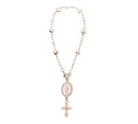 Steering Wheel Rosary Charm, Steering Wheel Accessory with Virgin Mary Charm & Cross, Pearl Heart Chain Catholic Car Interior Hanging Decor (Pink)