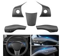 Steering Wheel Trim and Gear Shift Cover Compatible with 2021-2023 Tesla Model 3 2019-2024 Model Y, Carbon Fiber Steering Wheel Panel Trim with Steering Lever Cover (5pcs/Set, ABS Matte Carbon)