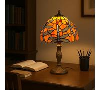 StefMary Stained Glass Tiffany Style Table Lamp Traditional Shape Orange Handcrafted Bedside Light Desk Lampshade for Bedroom Livingroom Drawingroom