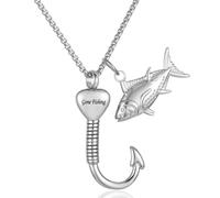 STEFWD Fish Hook Urn Necklace For Men Stainless Steel Cremation Jewelry For Ashes Of Loved Ones Keepsake Pendant Dad Gone Fishing, Stainless Steel, No Gemstone