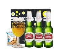 Stella Artois Belgian Premium Lager Gift Set - 3 x 330ml Bottles (4.6% ABV) with Beerhunter Glass & Mr Filberts Snacks | Classic Belgian Beer Gift Box for Him or Her