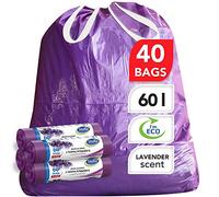 Stella Pack Bin Bag Heavy Duty Purple Bin Liners 60 Litre Durable Waste Bags with Drawstring Odour Control for Home and Office Use - 40 Count Count Large Bin Bags