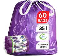 Stella Pack Bin Liner 35 Litre Environmentally Liners Sustainable and Durable Drawstring Bags for Home and Office Use Tear-resistant Leak-proof 60 Pack with Lavender Scent Use