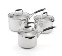 Stellar 3 Piece Draining Saucepan Set - Stainless Steel Cookware Set with Vented Draining Lids, Easy-Pour Rims & Internal Measurement Guides - Includes 3 Draining Saucepans, 16cm, 18cm, 20cm