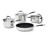 Stellar Flow 4 Piece Draining Pan Set - 16cm/18cm/20cm Saucepans + 26cm Non-Stick Frying Pan - Stainless Steel Cookware Set with Vented Draining Lids, Easy-Pour Rims & Internal Measurement Guides