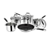 Stellar Flow 5 Piece Draining Saucepan Set - Stainless Steel Cookware Set with Draining Lids, Easy-Pour; Internal Measurement Guides - Includes 14cm Milk Pan, 3 Saucepans, 24cm Non-Stick Frying Pan