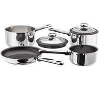 Stellar Stay Cool Set of 4 Stainless Steel Induction Ready Pans, 18cm & 20cm Draining Saucepans with Glass Strainer Lids, 16cm Non-Stick Milk Pan, 24cm Non-Stick Frying Pan, Dishwasher Safe