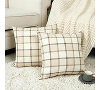 Stellhome Fall Linen Buffalo Check Throw Pillow Covers, Autumn Farmhouse Plaid Decorative Cushion Covers for Couch Sofa Living Room, Pack of 2, 18x18 Inch, Beige