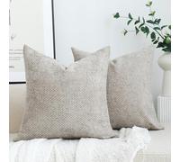 Stellhome Pack of 2 Chenille Neutral Decorative Throw Pillow Covers Soft Woven Textured Luxury Accent Cushion Cases for Living Room Couch Bed Sofa Farmhouse Boho Home, 18x18 inch, Light Brown