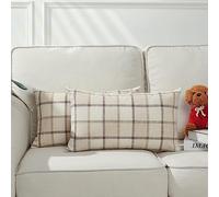 Stellhome Pack of 2 Fall Lumbar Linen Buffalo Check Throw Pillow Covers Autumn Farmhouse Plaid Cushion Cover Rustic Retro Decor for Bed Couch Sofa Bench, 12 x 20 Inch, Beige