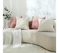 Stellhome Set of 4 Soft Textured Decorative Throw Pillow Covers Accent Solid Chenille Cushion Cover Rustic Farmhouse Pillow Case for Couch Sofa Girl’s Bedroom Living Room (20x20 inch, Pink and White)