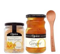Stem Ginger Bundle contains Opies Crystallised Stem Ginger 200g and Ginger in Syrup 280g, Wooden Spoon
