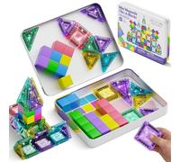 STEM MATCH Mini Magnetic Tiles & Blocks Travel Set: 48 Pcs with Storage Tin