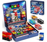 STEM MATCH Travel Magnetic Blocks for Boys: 355g light weight 48 PCS Race Track Builder Set 300+ DIY Shapes & Strong Magnets for Bumpy Car Journeys 30S Tidy Up - Travel Toy for Boys Ages 3-8
