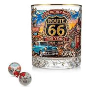 Stemless Old Fashioned Tumbler Glass, Route 66 Centennial 100 Years The Mother Road 1926-2026 Whiskey Glass, 11 Oz, with Classic Car Design, for Bourbon/Scotch/Cocktails/Wine, for Men, Dad (1 pc)
