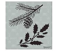 Stencil1 Holly and Evergreen Branches Stencil - Reusable Winter Template for DIY Crafts, Holiday Decor, Painting on Wood, Fabric, Cards & More - 5.75" x 6"