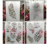 Stencils for Crafts Reusable,4Pcs A4 29cm Feather Leaves Stencils for Painting,Drawing Templates for Painting on Wood, Wall, Furniture