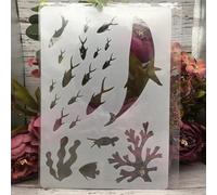 Stencils for Painting on Wood,A4 29x21cm Ocean Whale Shoal of Fish Templates for Drawing Card Making,Reusable Stencils for Canvas Furniture Paper Crafts