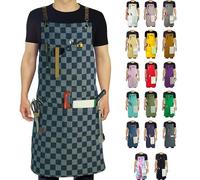 Stenffy Kitchen Apron, Work Apron, Canvas, Multiple Pockets, Gardening, Painting, BBQ, Carpenter, Artist, Sizes M to XXL,Checkered Denim