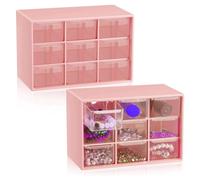 Steowsey 2 Pcs Small Drawer Organizer 9 Drawer Toolbox Mini Drawer Organizer with Clear Drawers Desktop Storage Box (Pink)