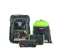 Step by Step Fit School Bag Set, 5 Pieces, Ergonomic Satchel with Reflectors, Height Adjustable with Waist Belt for Boys and Girls from 1st Grade, 19 L, Danger Cat Chiko - Grey-Green