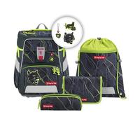 Step by Step Space School Bag Set, 5 Pieces, Ergonomic Satchel with Reflectors, Height Adjustable with Waist Belt, from 1st Class, 20 Litres, Danger Cat Chiko - Grey-Green, 28 x 37 x 20 cm