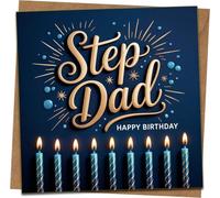 Step Dad Birthday Card - 145mm x 145mm - Blue & Gold Design with Candles - Happy Birthday Greeting Card for Stepdad - Includes Kraft Envelope