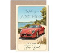 Step Dad Birthday Card - Red Sports Car - Happy Birthday Card for Step Dad from Son Daughter, 5x7 Inch Countryside Landscape Bday Greeting Cards