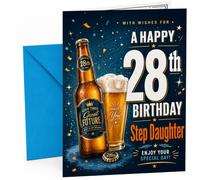 Step Daughter 28th Birthday Card Beer Bottle and Pint Glass | Large A5 Card with Printed Inside Message; Bold dark blue with a big “28”, beer bottle for Step Daughter 28th Birthday