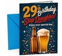 Step Daughter 29th Birthday Card Beer Bottle and Pint Confetti | Large A5 Card with Printed Inside Message; Bold navy typography with beer bottle for Step Daughter 29th Birthday