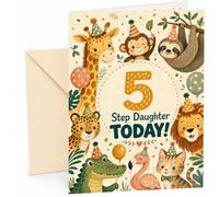 Step Daughter 5th Birthday Card Jungle Animals Party Hats | Large A5 Card with Printed Inside Message; Jungle Animals Party Hats for Step Daughter 5th Birthday