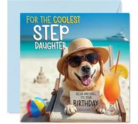 Step Daughter Birthday Card - Chill Beach Dog - Happy Birthday Card for Step Daughter from Dad Mum, 145mm Chill Beach Dog Bday Greeting Cards