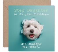 Step Daughter Birthday Card - Did Someone Say Cake? - Happy Birthday Card for Step Daughter from Dad Mum, 145mm cute dog humorous Bday Greeting Cards