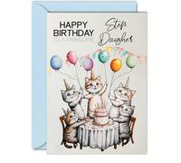 Step Daughter Birthday Card - Pawsome Party Cats Balloons - Happy Birthday Card for Step Daughter from Dad Mum, A5 Female Cat Bday Greeting Cards