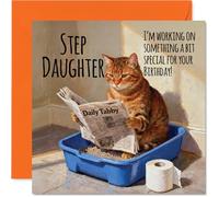Step Daughter Birthday Card - Working on Something Special - Happy Birthday Card for Step Daughter from Dad Mum, 145mm Funny Cat Litter Tray Humour Bday Greeting Cards