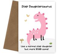 Step Daughter Birthday Cards from Mum & Dad - Step Daughtersaurus Card - Pink Dinosaur Bday Cards for Little Girl, Step Daughter on her 1st 2nd 3rd 4th 5th Bday