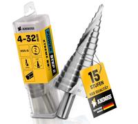 Step Drill Bit Diameter 4-32 mm / 15 Steps Cone Drill / 10 mm Shank / Professional Metal Drill Taper Drill HSS / Anvil PowerStep 2 / Hole Drill Suitable for Steel, Aluminium, Plastic, Acrylic Glass
