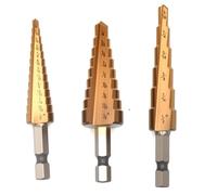 Step Drill Bit Set for Metal and Wood, 3PCS Titanium Coated High Speed Steel Unibit, Multiple Hole Stepped Up Cone Drill Bit with Hex Shank for DIY and Professional Use