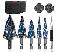 Step Drill Bits, 5-Piece HSS Set with Hex Shank for Metal, Wood, Plastic, and Aluminum, Multi-Size Range 3/16" to 1-3/8", Four-Flute Chip Removal(B)
