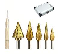 Step Drill Bits, 5PCS HSS Titanium Coated Step Drill Bit Set with 1PCS Automotive Center Punch, Total 50 Sizes Stepper Bits with Aluminum Case for Sheet Metal/Wood/Plastic
