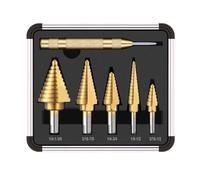 Step Drill Bits Set 6PCS High Speed Steel Titanium Coated Cobalt Cone Step Drill Bit with Automatic Center Punch, for DIY Plastic Wood Metal Aluminum Iron (5PCS DRILL SET + 1PC Center Punch)